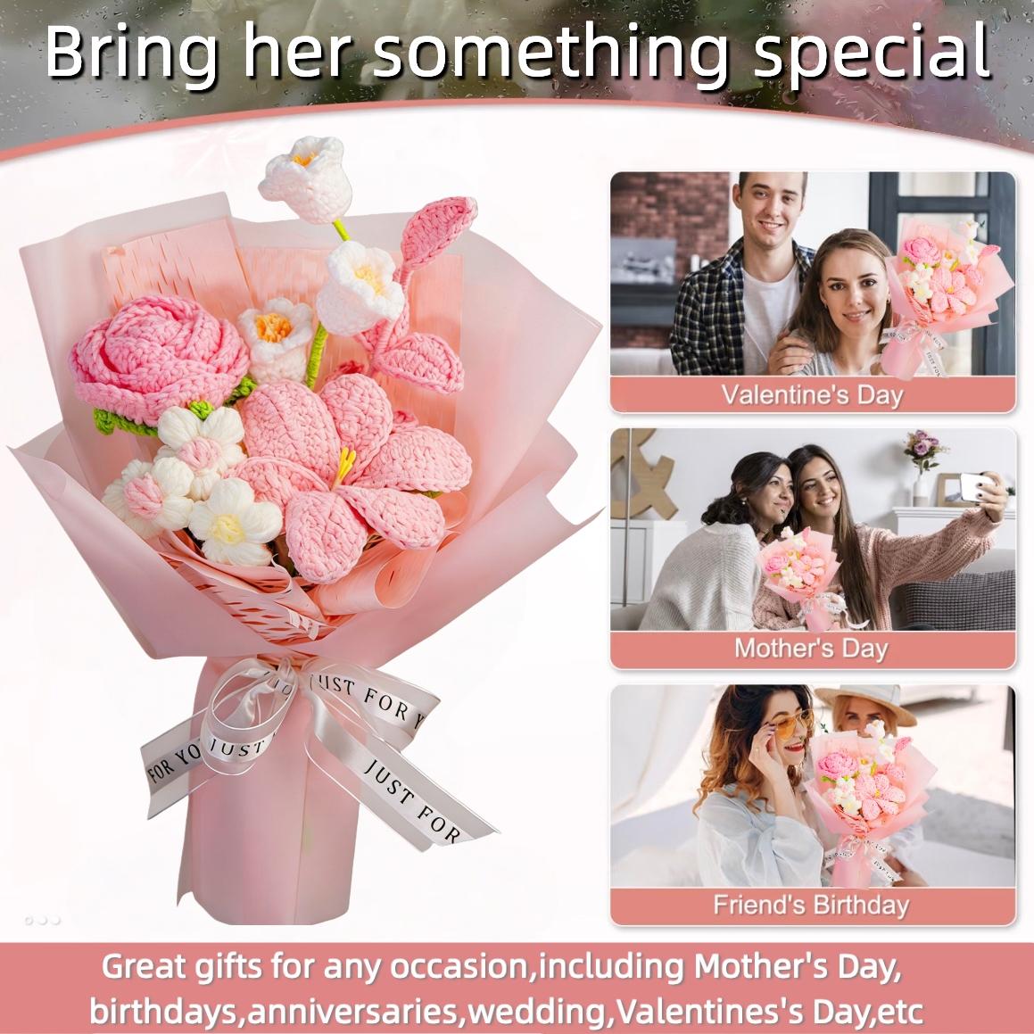 Handmade Crochet Flower Bouquet with Lily Rose Tulip,Artificial Flowers Soft Yarn Material Home Decor Accent Everlasting Gift for Lover Friend Mom Valentine's Day Birthday Anniversary,Valentine's Day Gifts,Valentine's Day Bouquets