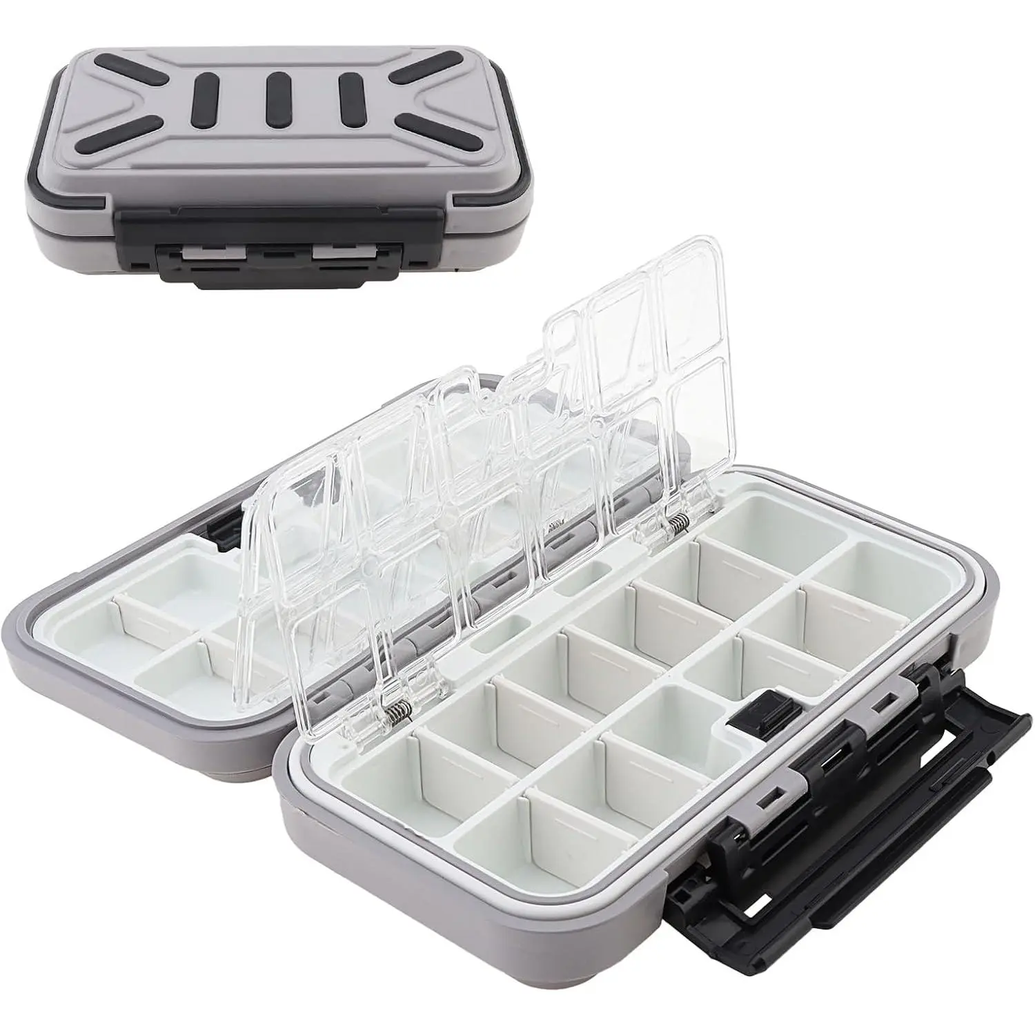 Fishing Tackle Storage Box, Double-Sided Waterproof with 16 Compartments, Fishing Gear Organizer, Bait Storage Container (Gray)