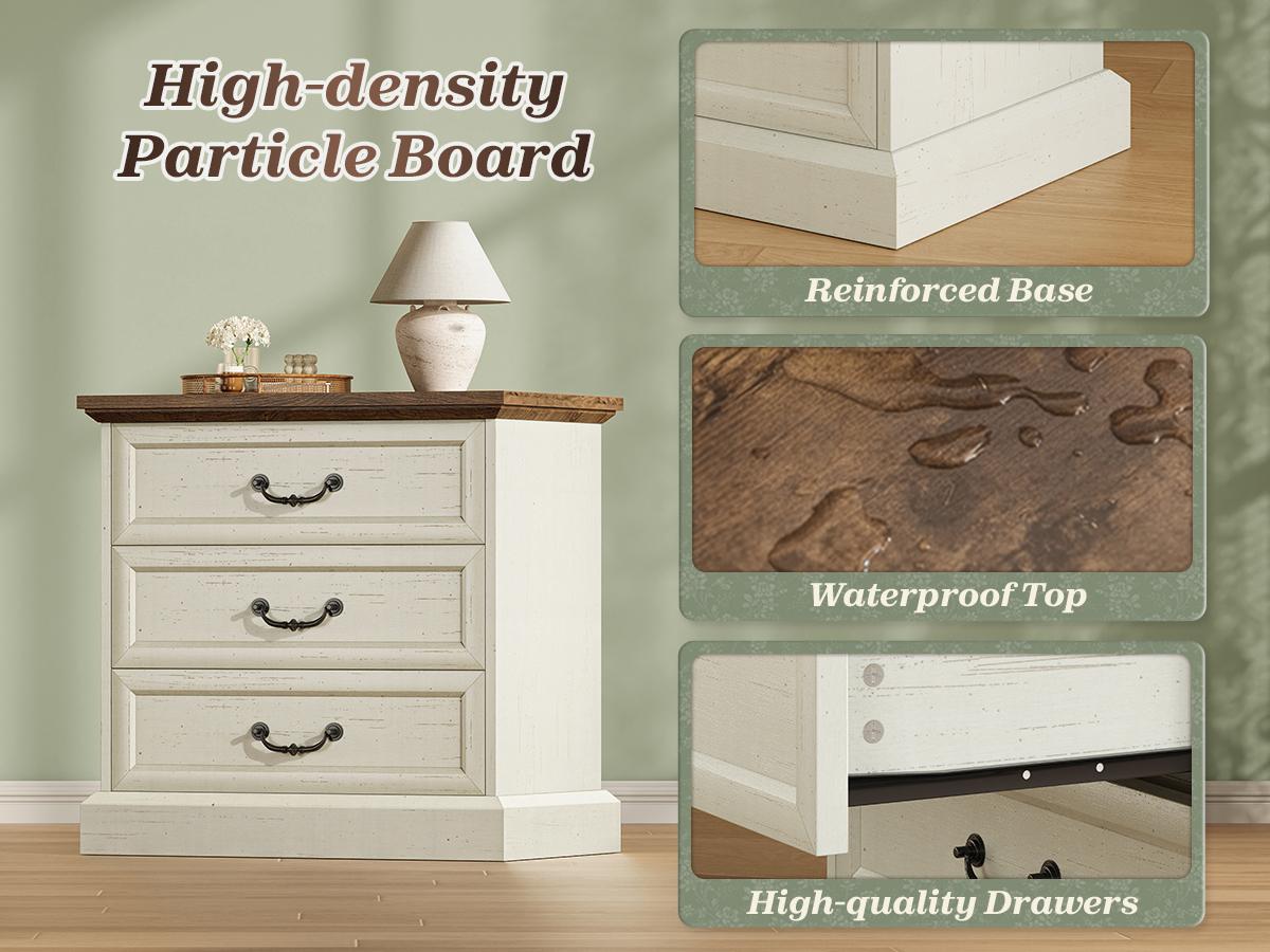 Huuger Nightstand with Charging Station, 3 Drawer Night Stand, 22 Inch Wider Side Table with Storage, Farmhouse Nightstand with Vintage Handles, Thicken Base, for Bedroom Huuger Nightstand with Charging Station, 3 Drawer Night Stand, 22 Inch Wider Side Table with Storage, Farmhouse Nightstand with Vintage Handles, Thicken Base, for Bedroom