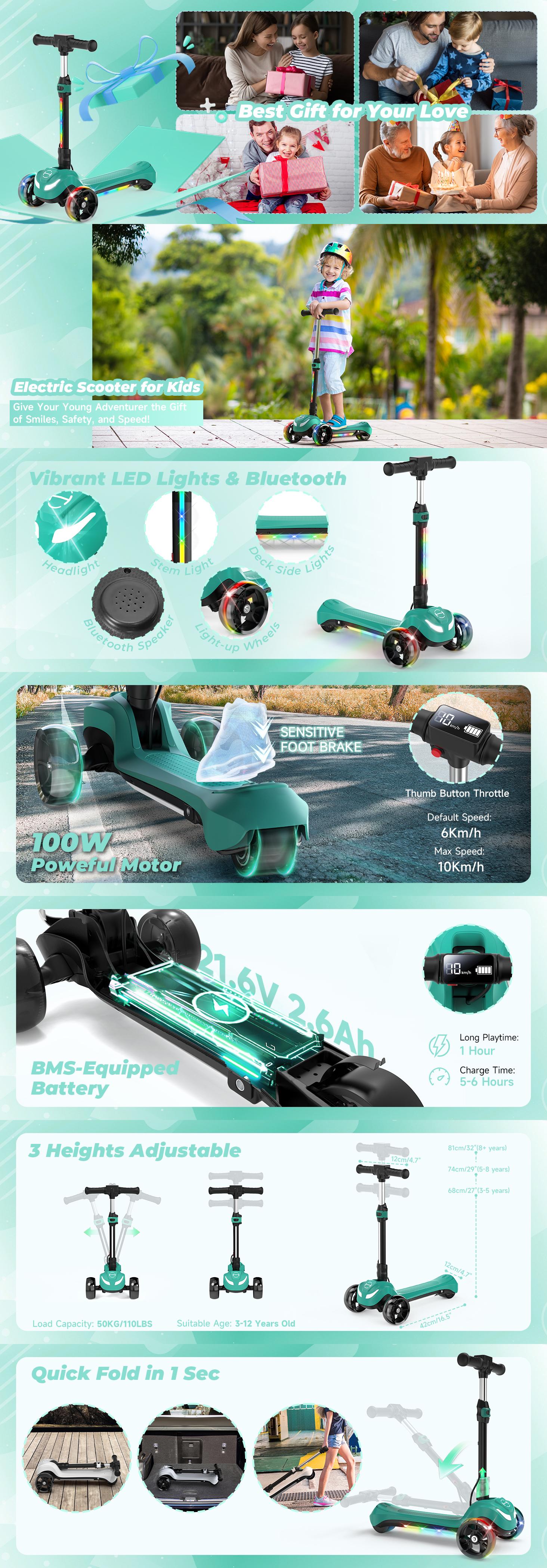 Electric Scooter for Kids Ages 3-12 with Bluetooth Music Speaker, LED Light 3 Wheels, Thumb Accelerator, 3 Adjustable Height Toddler Motorized Scooters, Balance Training Scooter for Toddlers, Foldable Electric Scooter for Boys/Girls Electric Scooter for Kids Ages 3-12 with Bluetooth Music Speaker, LED Light 3 Wheels, Thumb Accelerator, 3 Adjustable Height Toddler Motorized Scooters, Balance Training Scooter for Toddlers, Foldable Electric Scooter for Boys/Girls