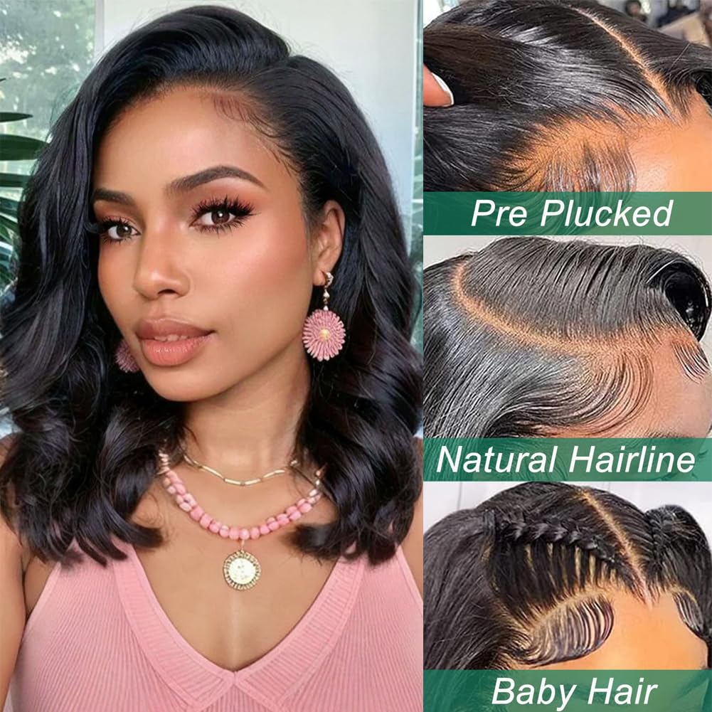 Bling Hair 16 Inch 13x6 Frontal HD Lace Human Hair Wig Body Wave  180% Density, Pre-Plucked Bob Wig for Women