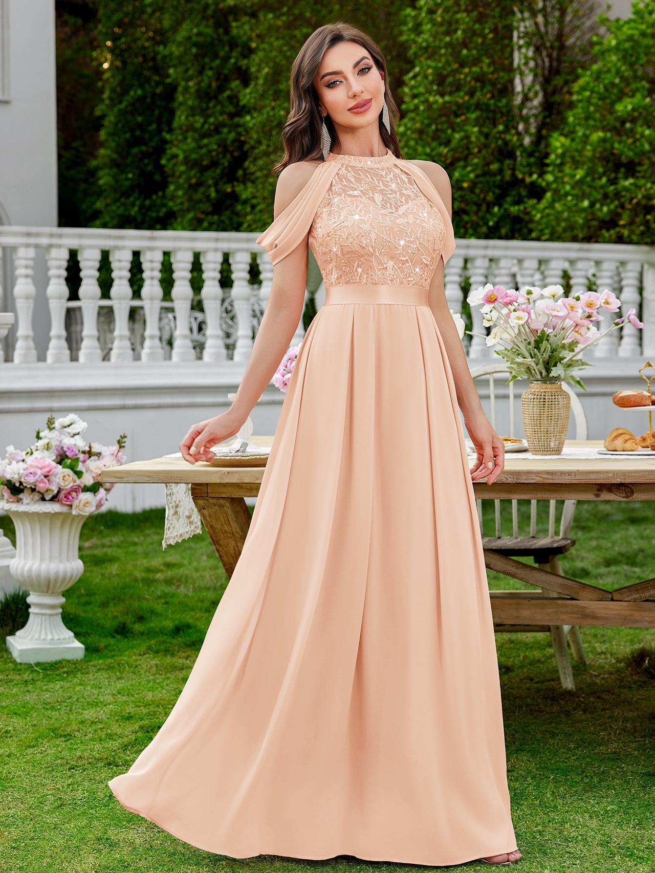 MIUSOL 24413A Women's Elegant Halter Sequin Embroidered Lace Off Shoulder Chiffon Sleeve Formal Evening Party Maxi Dress for Cocktail and Prom Events