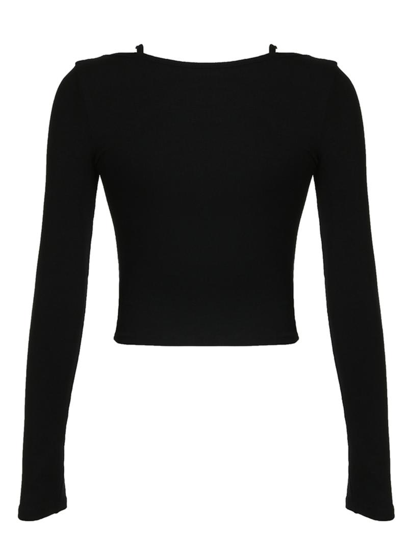 Women's Plain Lace Trim Bow Decor Tee, Y2K Trendy Casual Long Sleeve T-shirt for Spring & Fall, Women's Clothes for Daily Wear, Cute Tops, Feminine