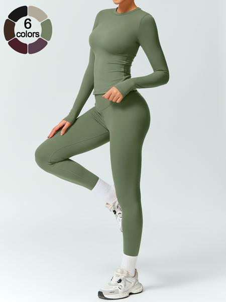 Women's Solid Color Long Sleeve Tee & High Waist Leggings Tracksuit Set, Athletic Activewear Tracksuits, Sporty Comfy Breathable Outfits for Gym Workout Running, Ladies Fall & Winter Sportswear