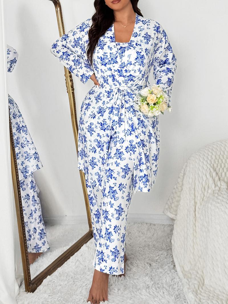 Plus Size Floral Print Robe Set for Women, Elegant Comfortable Sleepwear, Sleeveless Top & Long Pants, Spring & Fall Home Wear, Pajama Set