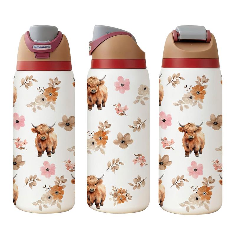 1 pc 19oz/32oz Brown Highland Cow with Flowers Stainless Steel Tumbler with Lid, Hot for 12 hours, cold for 24, Vacuum Cup, Travel Mug, Insulated Flask. Great gift for women, moms, friends and teachers. Perfect for home, office, holiday and outdoor use