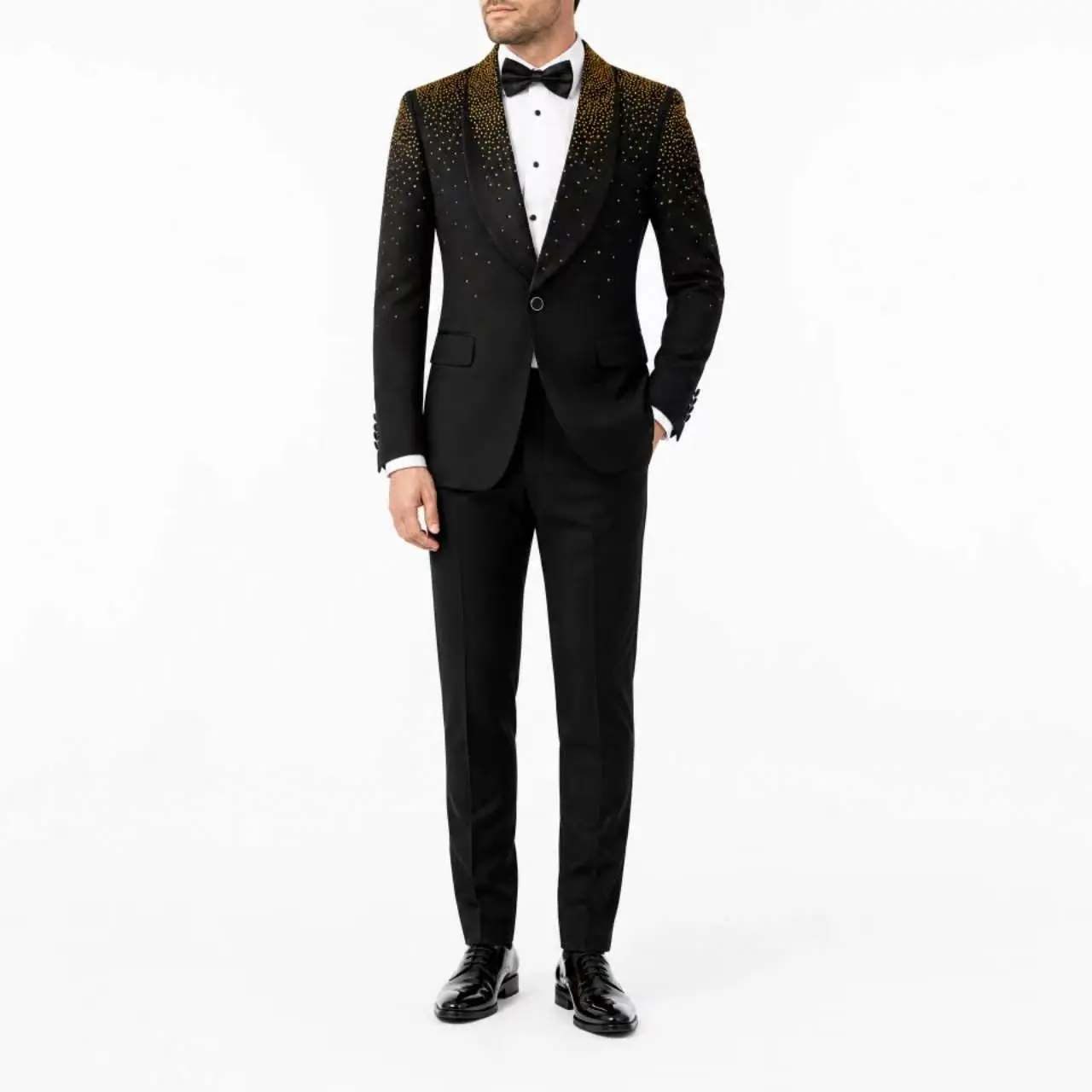 Men's 3-Piece Black Gradient Gold Rhinestone Tuxedo Suit Set - Shawl Lapel, Polyester Plain Fabric, All Seasons Menswear for Wedding Host, Stage Party