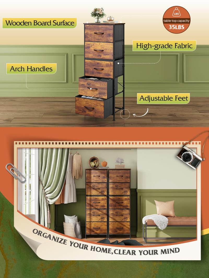 WLIVE Fabric Dresser, 5-Drawer Tall Dressers for Bedroom, Storage Dresser Organizer with Wood Top, Sturdy Steel Frame, Chest of Drawers for Closet, Hallway