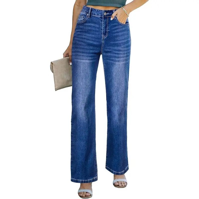 Women’s High-Waisted Wide-Leg Stretchy Straight-Leg Denim Pants with 5 Pockets, Breathable Loose-Fit Full-Length for Everyday Wear, Straight Legs