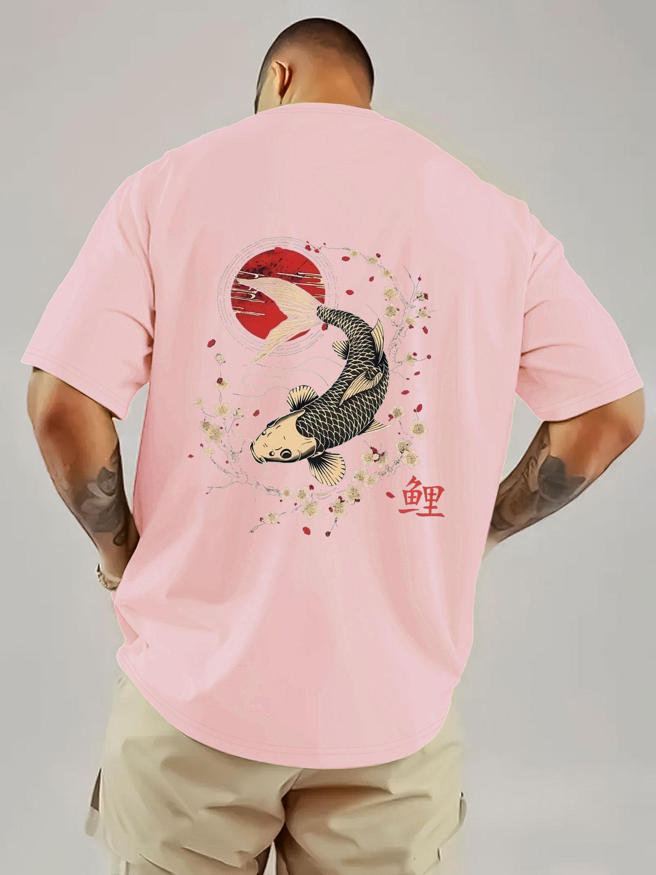 Japanese Koi and Cherry Blossom Print Men's T-Shirt, Breathable Heavyweight Short Sleeve, Streetwear for Music Festivals and Daily Wear