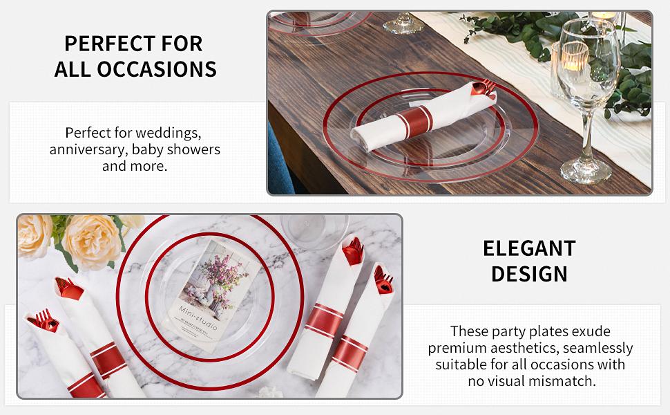 Goodluck 350PCS Red Plastic Dinnerware Set for 50 Guests - 50 Dinner Plates, 50 Dessert Plates, 50 Pre-Rolled Napkins, Cutlery & 50 Cups - BPA-Free, Sturdy & Durable, Elegant Design for Weddings, Parties & Holidays