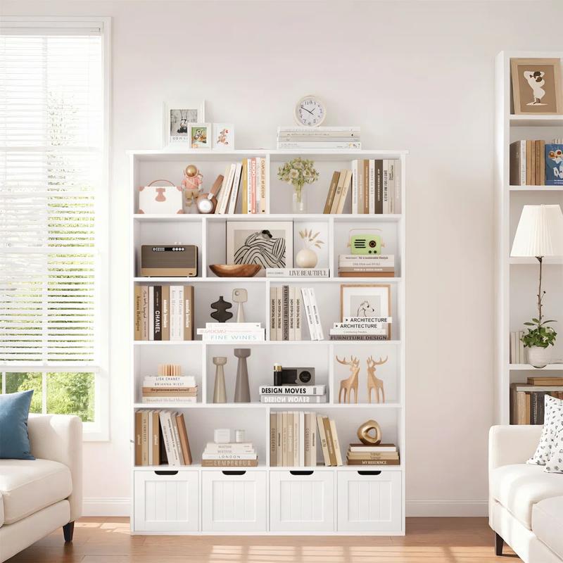 FOTOSOK Bookshelf and Bookcase with 4 Movable Drawers, Toy Organizer with Hidden Wheels and 12 Open Cubbies, Tall Bookshelf Large Open Book Shelf Standing Book Case for Home Office