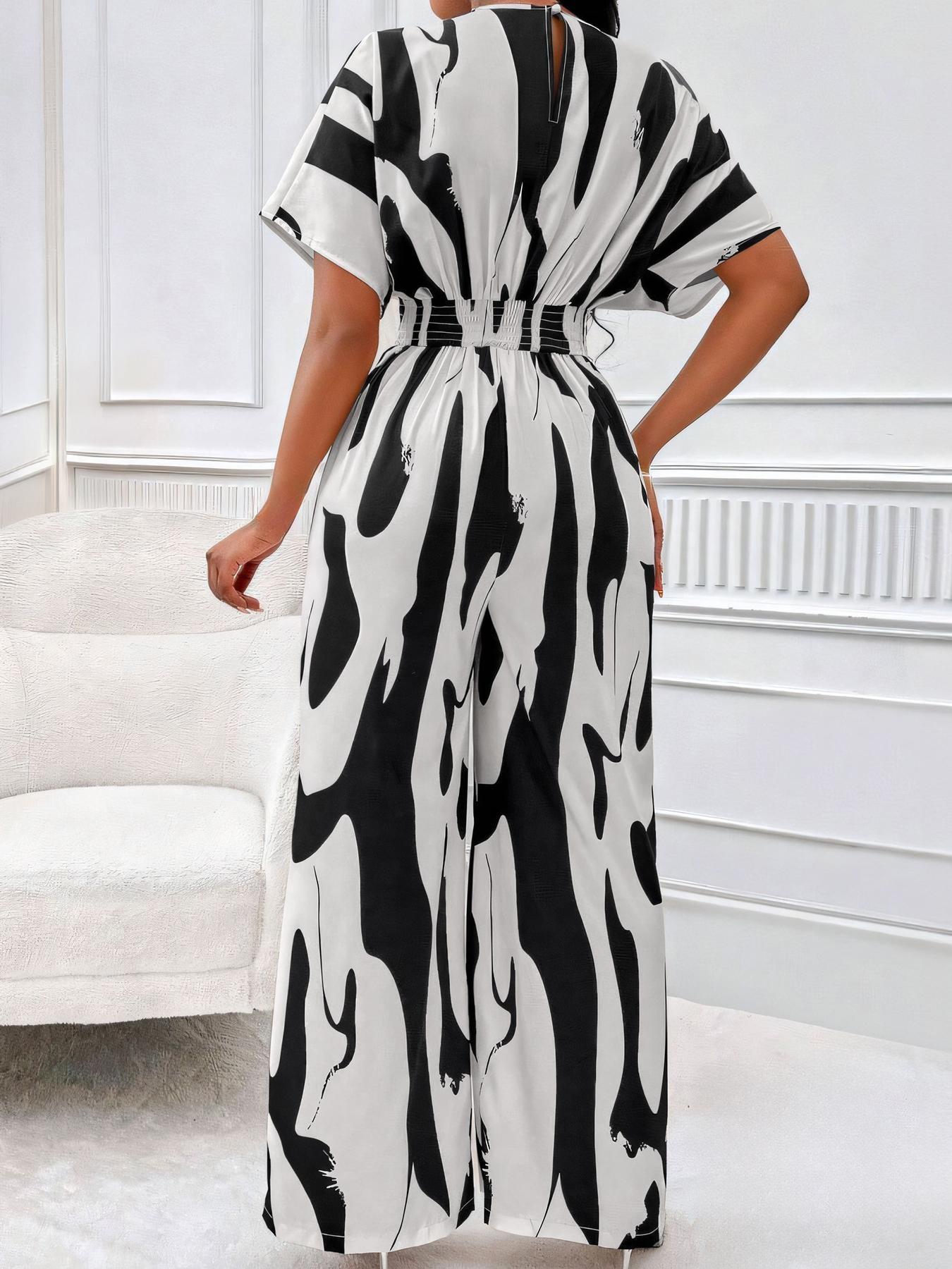Women's Classy Casual Fashion All Over Print Shirred Wide Leg Flowy Jumpsuit, Sleek Soft Batwing Sleeve Jumpsuit for Spring & Summer, Lightweight Pill-Resistant Womenswear