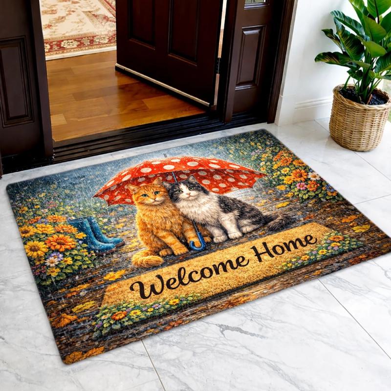 Cute Cats Umbrella Welcome Home Doormat Flannel Mat With Non Slip Rubber Bottom Durable Stain Resistant Machine Washable Multipurpose Rug Perfect For Indoor Outdoor Entry Kitchen Bedroom Bathroom Balcony Corridor Porch Home Decor Non-Slip Stair Treads