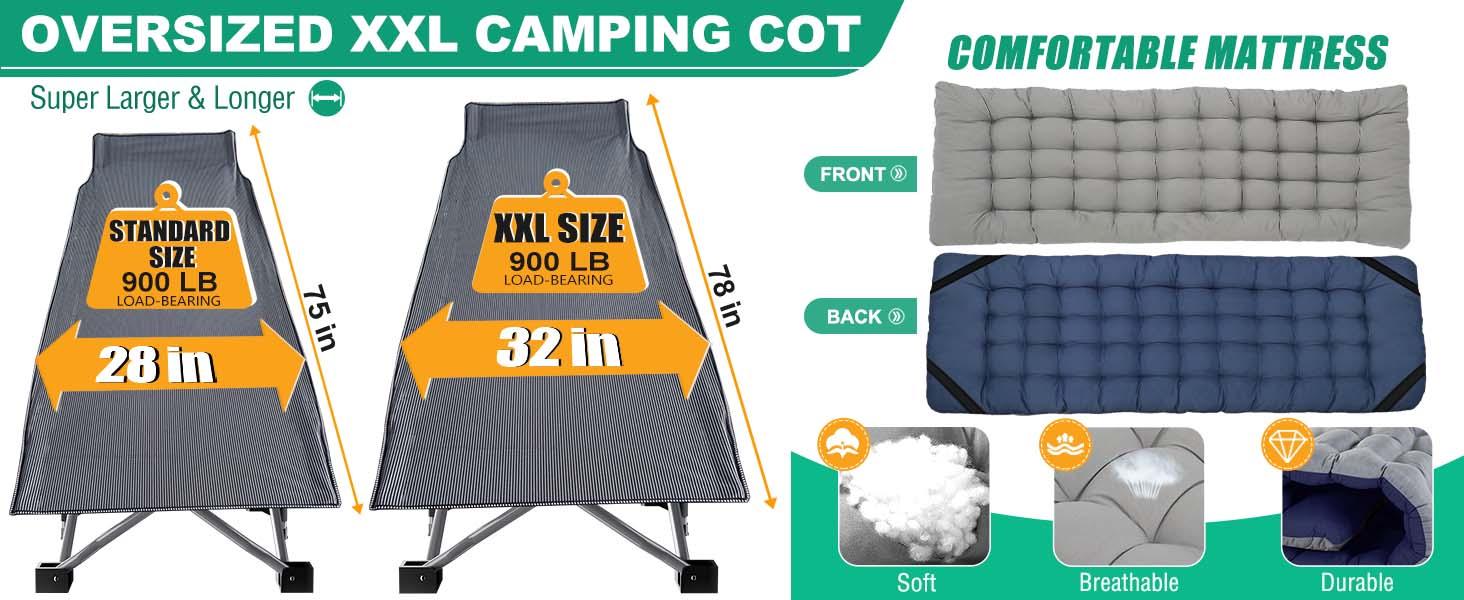 Lilypelle Oversized XXL Folding Camping Cot, 75" L x 28" W x 14"H / 78" L x 32" W x 18"H Heavy Duty Sleeping Cots w/Carry Bag, Up to 990LBS, Druable Triangular Construction, Double Layer Oxford Portable Travel Camp Cots