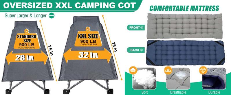 Lilypelle Oversized XXL Folding Camping Cot, 75" L x 28" W x 14"H / 78" L x 32" W x 18"H Heavy Duty Sleeping Cots w/Carry Bag, Up to 990LBS, Druable Triangular Construction, Double Layer Oxford Portable Travel Camp Cots