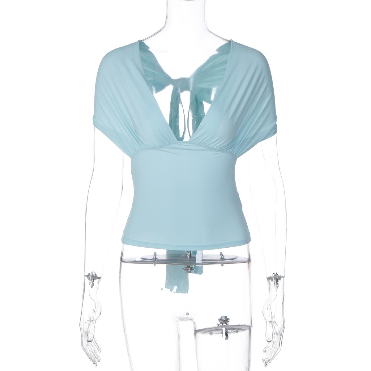 Women's Solid Color V Neck Cut Out Tie-back T-shirt Top, Bodycon Fitted Top, Sexy Backless Lace-up Sleeveless Plain Slim Fit Ruched Blouse Crop Top, Party Club Date Daily Casual For Ladies Summer