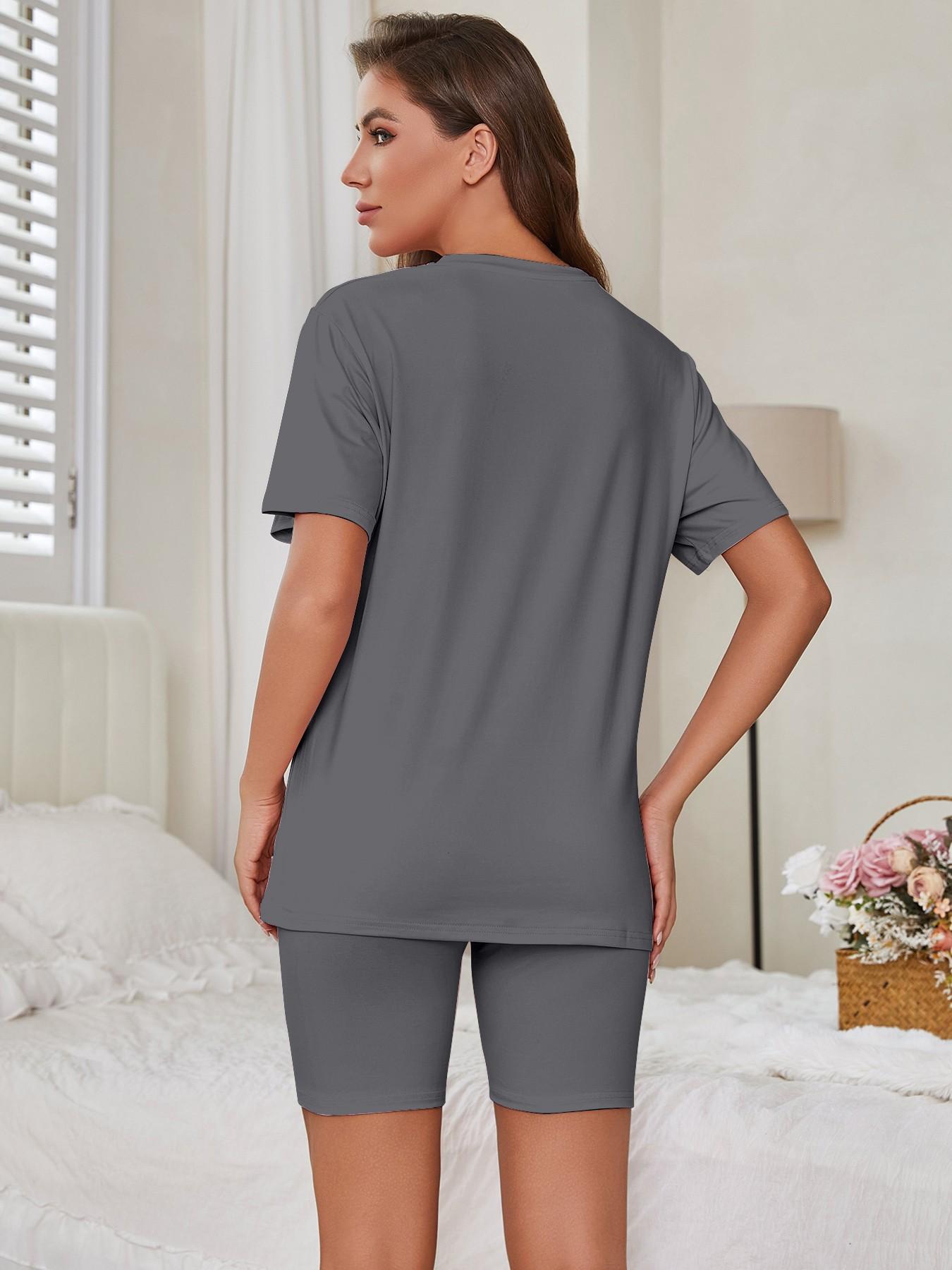 Women's Pajama Set, Short Sleeve Round Neck Slim Fit, Solid Color Sporty Sleepwear, Comfortable Home, All Seasons
