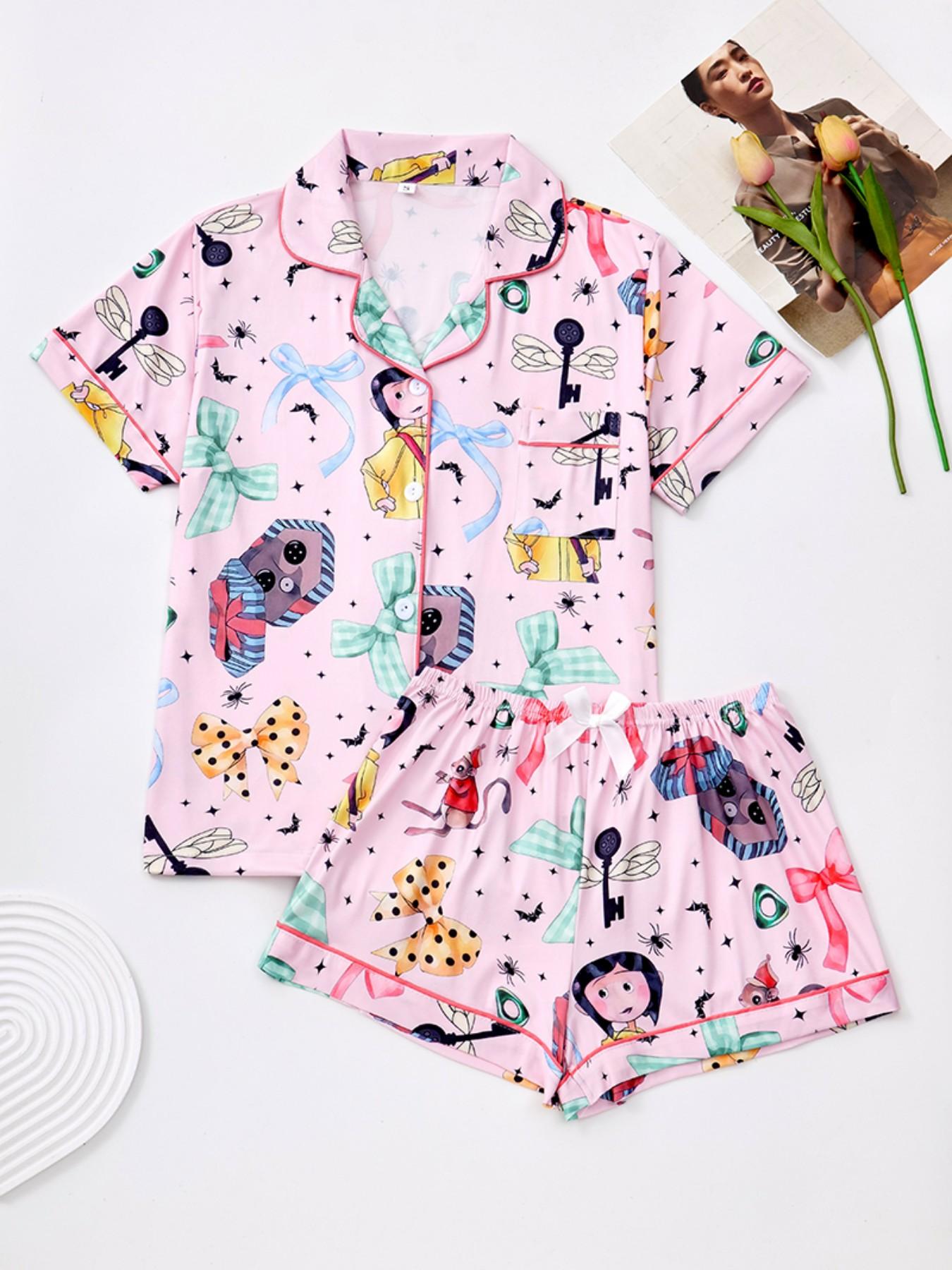 Valentine's Day Bow and Heart Print Pajama Set, Soft Silky Striped Short Sleeve Sleepwear, Women's Comfortable Nightwear