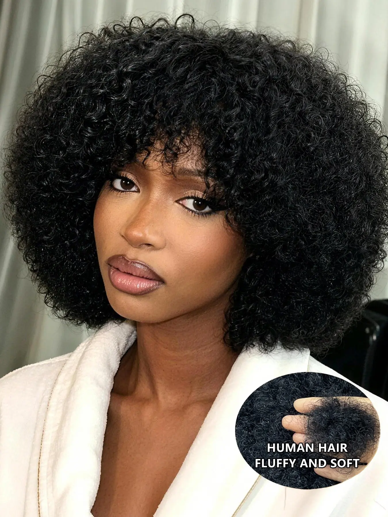 10 Inch Short Afro Curly Human Hair Wig with Fringe for Ladies,Full Machine Made Wig,Thick Voluminous Ringlets,Soft Springy Strands,Breathable Lightweight Wig Cap,All‑Day Cosy Wear,Perfect for Casual Outings & Halloween Themed Events, Fluffy Curly Wig