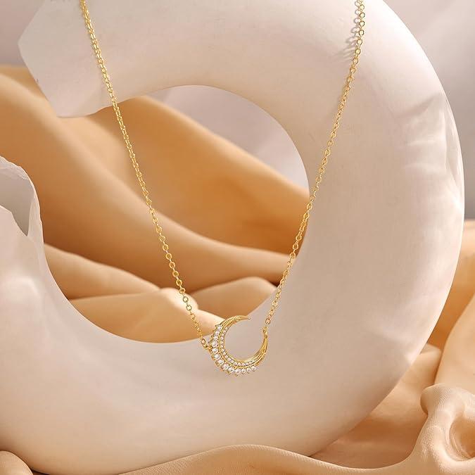 Tewiky Gold Pendant Necklace for Women, Gold Cubic Zirconia Dainty Sun and Moon Necklace Cute Minimalist Diamond Gemstone Turquoise Chain Choker Sunflower Necklace Jewelry Gifts for Women