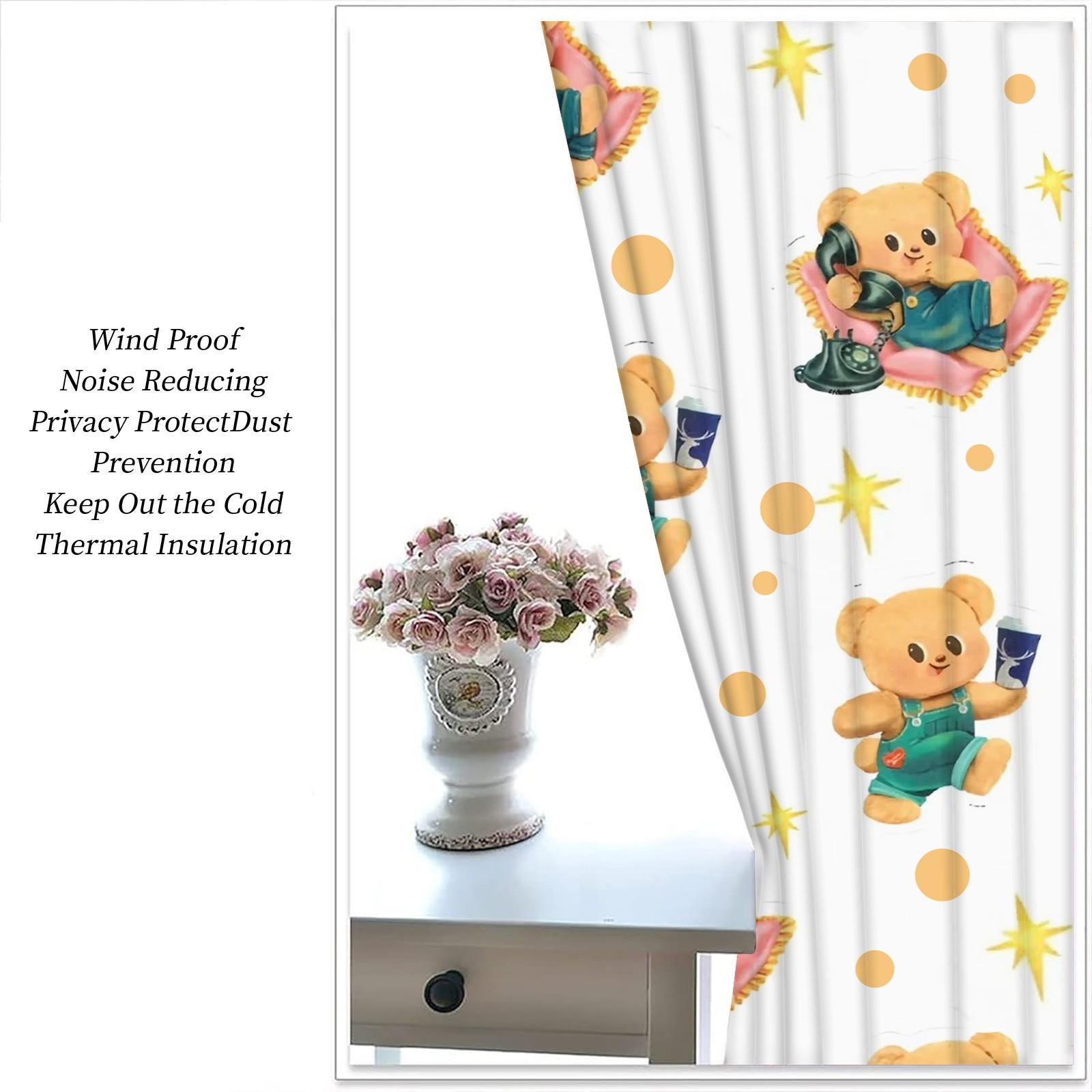2 Pcs Cute Cartoon Bear 80% Blackout Curtains, Kawaii Teddy Bear Polyester Curtains for Kids Room & Nursery, Ideal Gift for Bear-Loving Kids