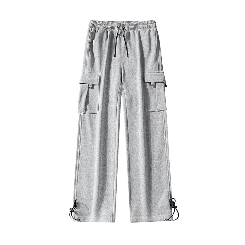 Men's Heather Gray Plain Elastic Cargo Sweatpants - 100% Polyester Fabric Menswear Bottoms, Multi-Pockets, Drawstring Waist, Adjustable Ankle Cuffs, Straight Leg, Relaxed Fit Soft Streetwear for Daily Errands, Lounging