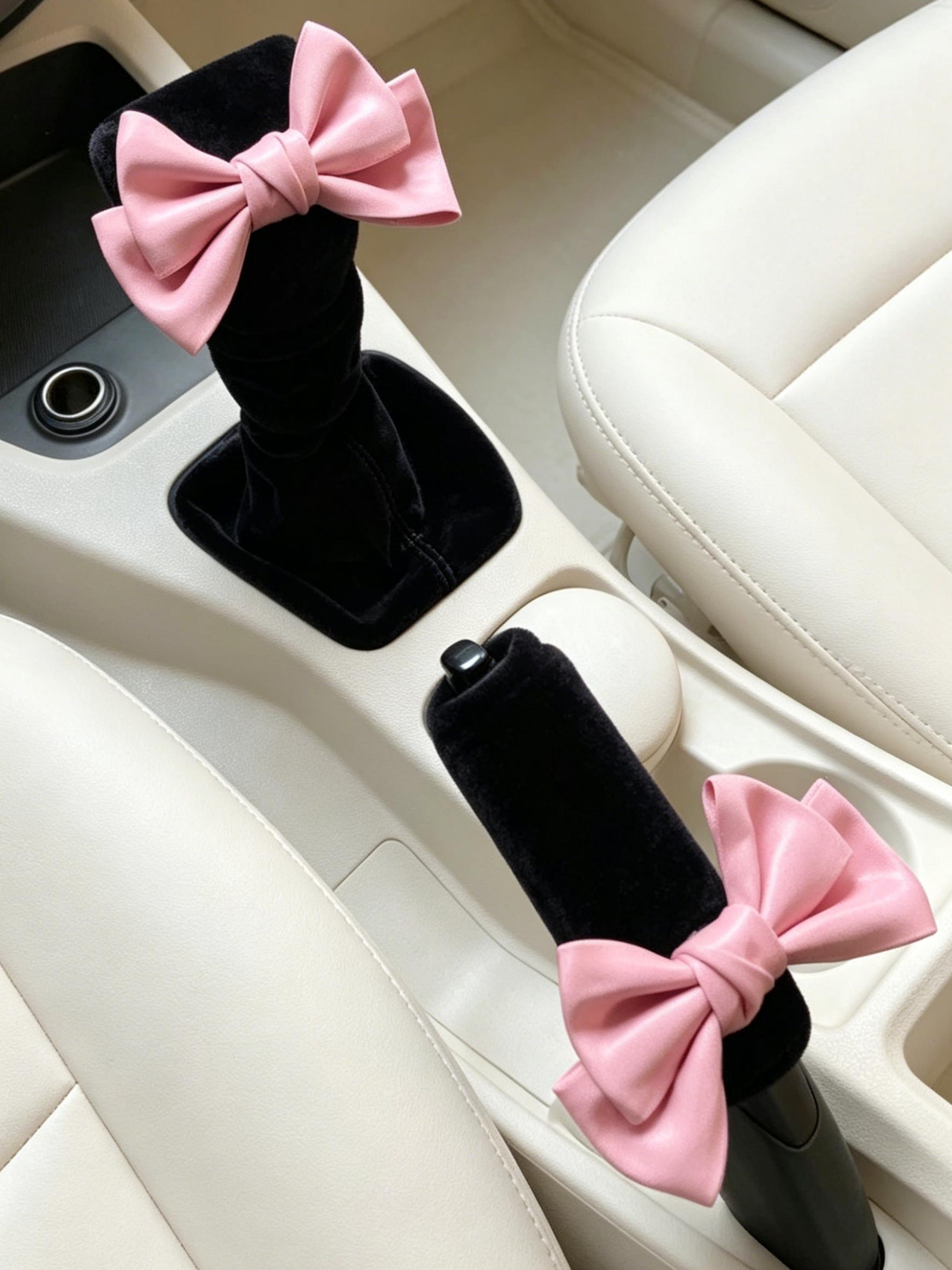 Cute Bow Car Handbrake Cover, Pull Glove Gear Shift Cover, Plush Large Butterfly Decoration for Cars,2pcs Set, Car Accessories