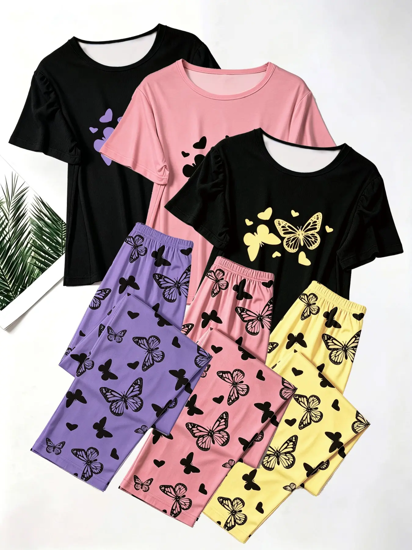 6-Piece Set Cartoon Butterfly and Heart Print Pajama Set, Comfortable Short Sleeve Round Neck Top and Elastic Pants, Women's Sleepwear and Home Wear