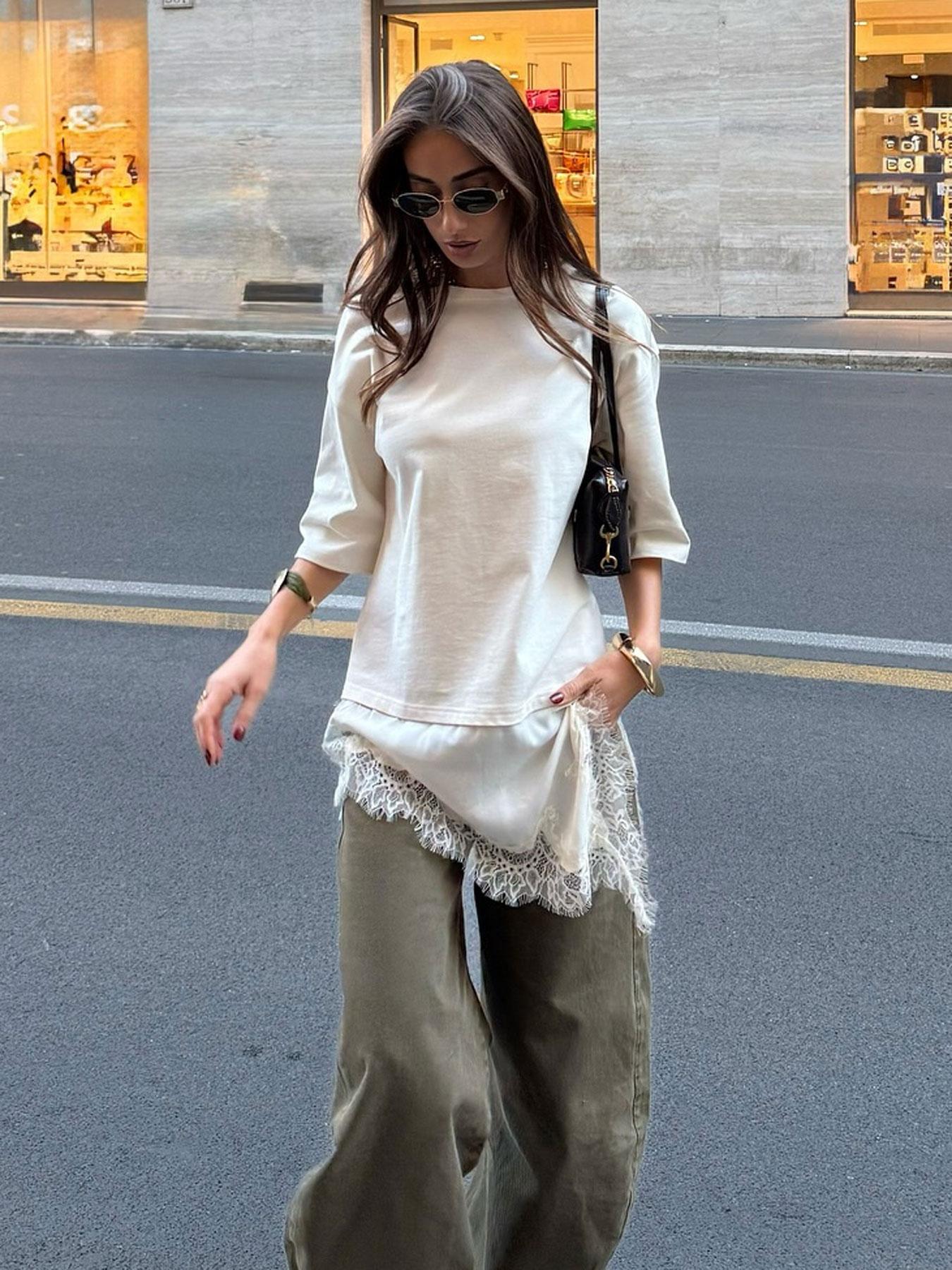 Women's Lace Patchwork Dress, Oversized Fit, Asymmetric Lace Hem, Half Sleeve, Casual Street Style, Spring & Fall Fashion, Womenswear, Minimalist