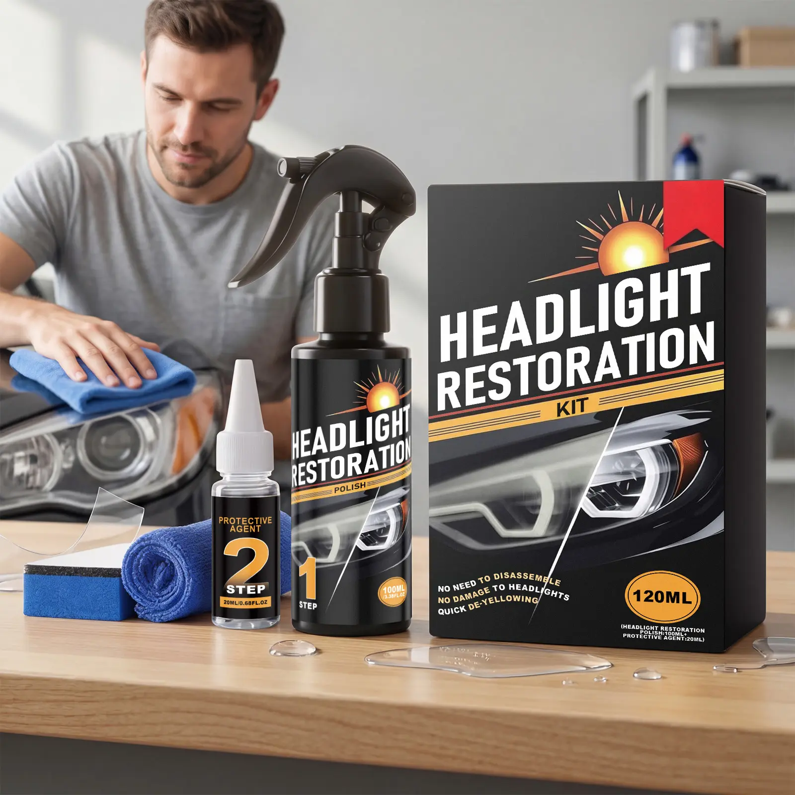 Headlight Restoration Kit 120ml Car Light Lens Cleaner Polish Restorer Remove Yellowing Haze Foggy Oxidation UV Protection Coating Spray Easy Application No Sanding Needed for Safe Night Driving Visib