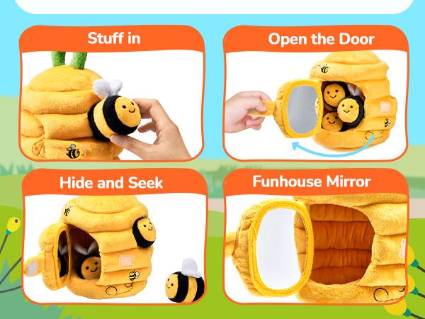 JoyCat Baby Toys, Bee Toys, Treehouse Toys, Soft Beehive with 5 Stuffed Sensory Bees/Squirrels, Rattle, Crinkle Paper, Squeaker, Mirror, Baby Birthday Easter Gifts Toys
