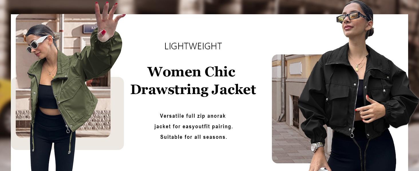 ASWULK Women's Cropped Jacket Zip Up Lightweight Oversized Utility Coat with Pockets for Spring and Fall Wear Adjustable Drawstring Snap Button Zipper ASWULK Women's Cropped Jacket Zip Up Lightweight Oversized Utility Coat with Pockets for Spring and Fall Wear Adjustable Drawstring Snap Button Zipper