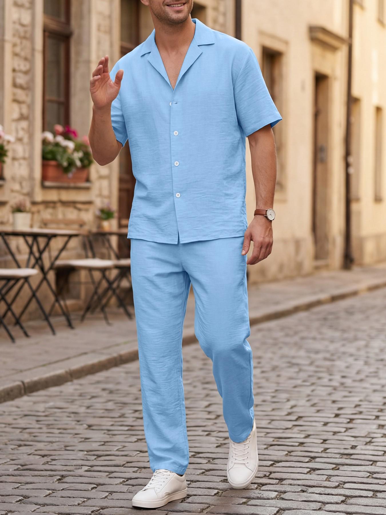 Two-Piece Set Men's Solid Color Button Shirt & Drawstring Waist Pants, Loose Stylish Casual Outdoor Short Sleeve Top & Trousers, Summer Outfits for Men