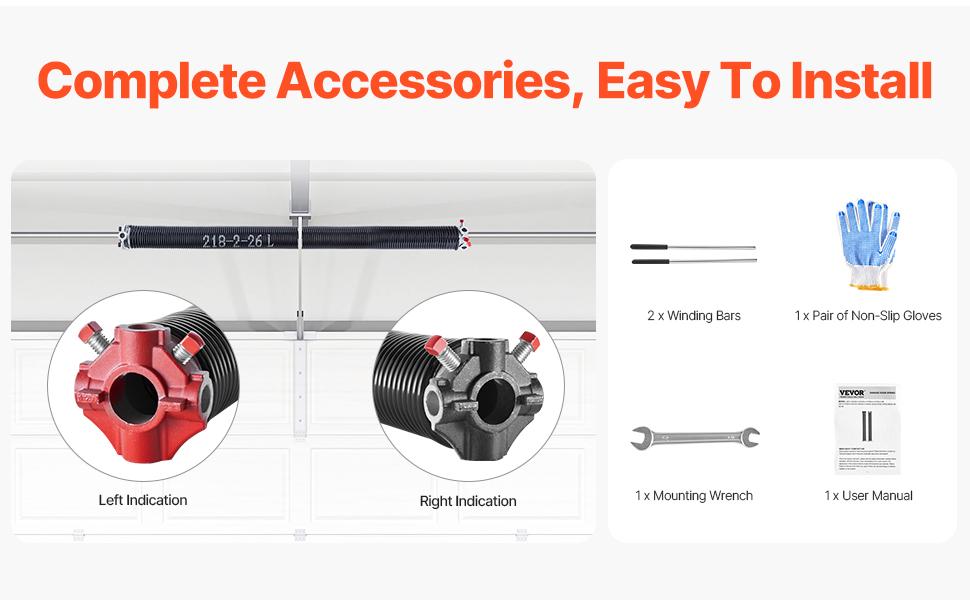 VEVOR Garage Door Torsion Springs, Pair of 0.218x 2x 26 in, 16000 Cycles, Electrophoresis Black Coated for Replacement, Garage Door Springs with Non-Slip Winding Bars, Gloves and Mounting Wrench