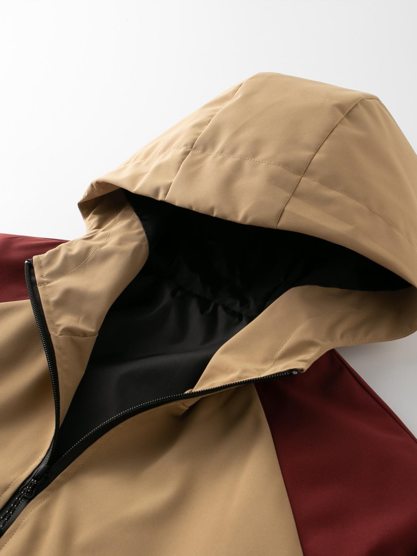 Men's American Style Wine Colorblock Hooded Zipper Jacket, Long Sleeve Loose Fit, All Seasons Casual Outerwear