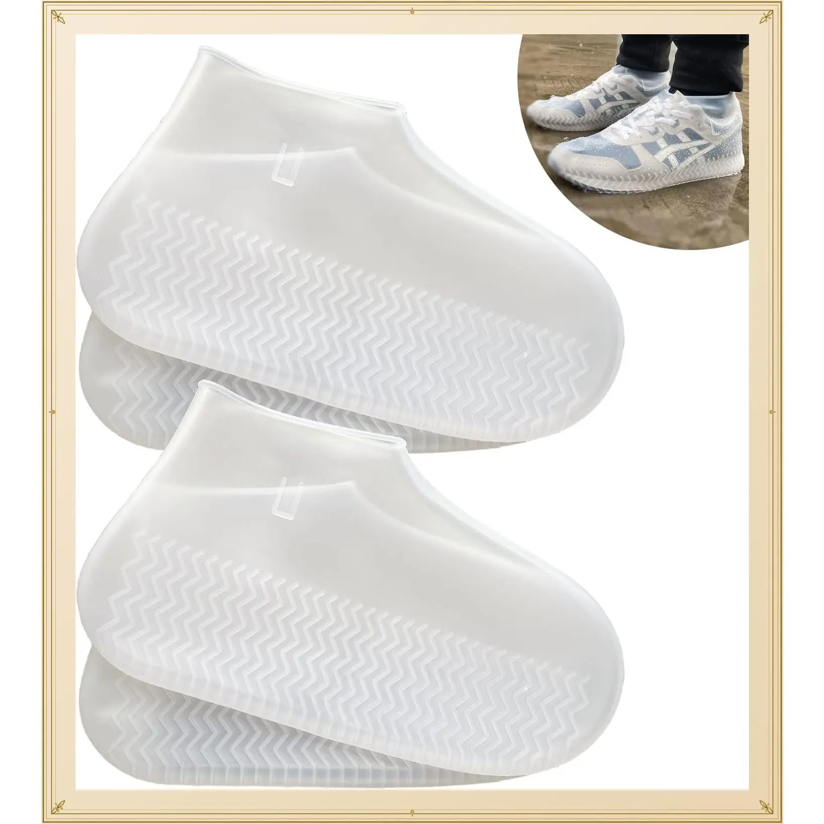 Waterproof Silicone Shoe Covers 2 Pairs, Non-Slip Reusable Rain Galoshes for Men and Women, Clear, LGift