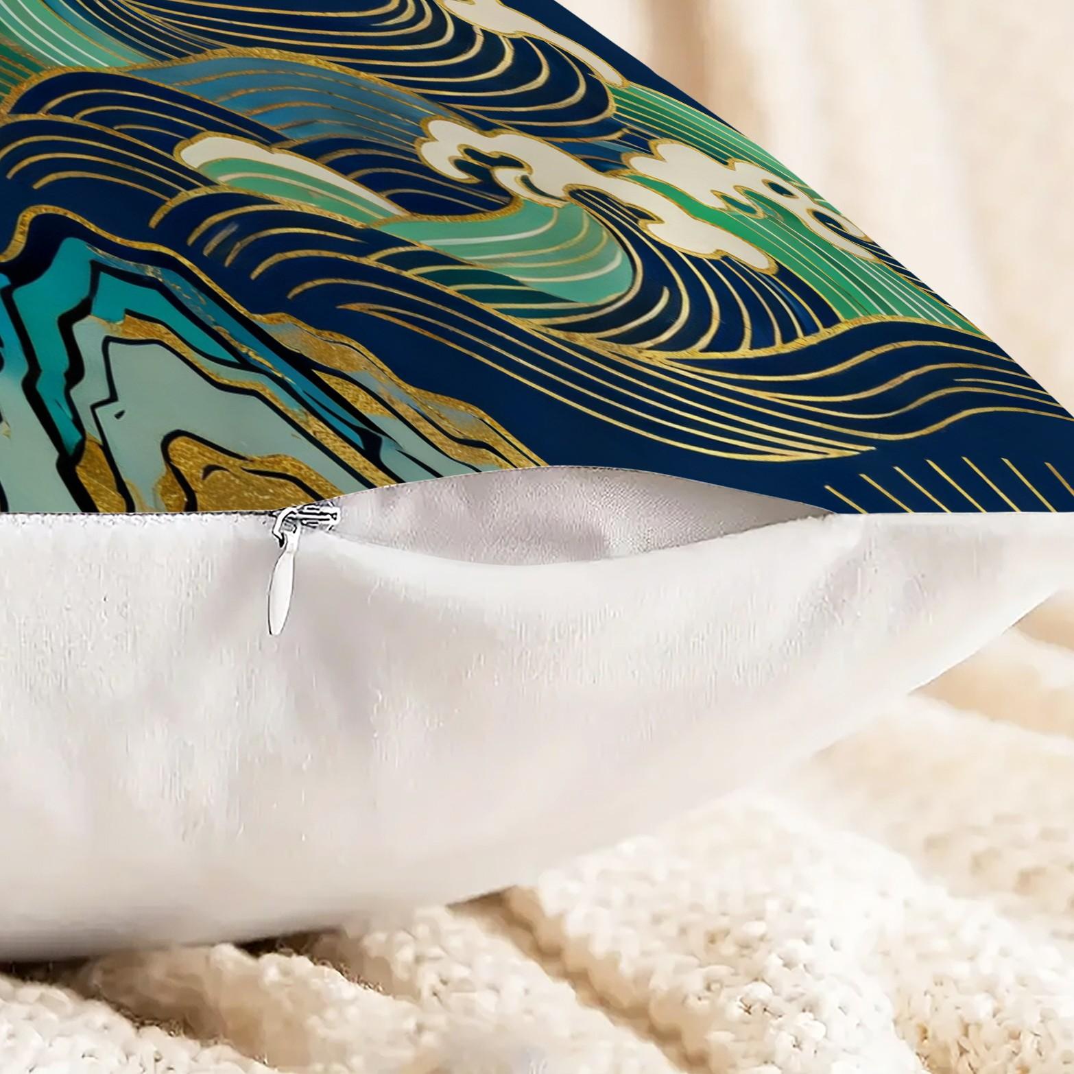 1 Piece Japanese Wave Sun Throw Pillow, Navy Blue Gold Foil Great Wave HD Digital Print Accent Pillow, Soft Plush Cushion with Hidden Zipper, Non-Fade Decor Pillow for Sofa Couch Bed, 18x18 Inch
