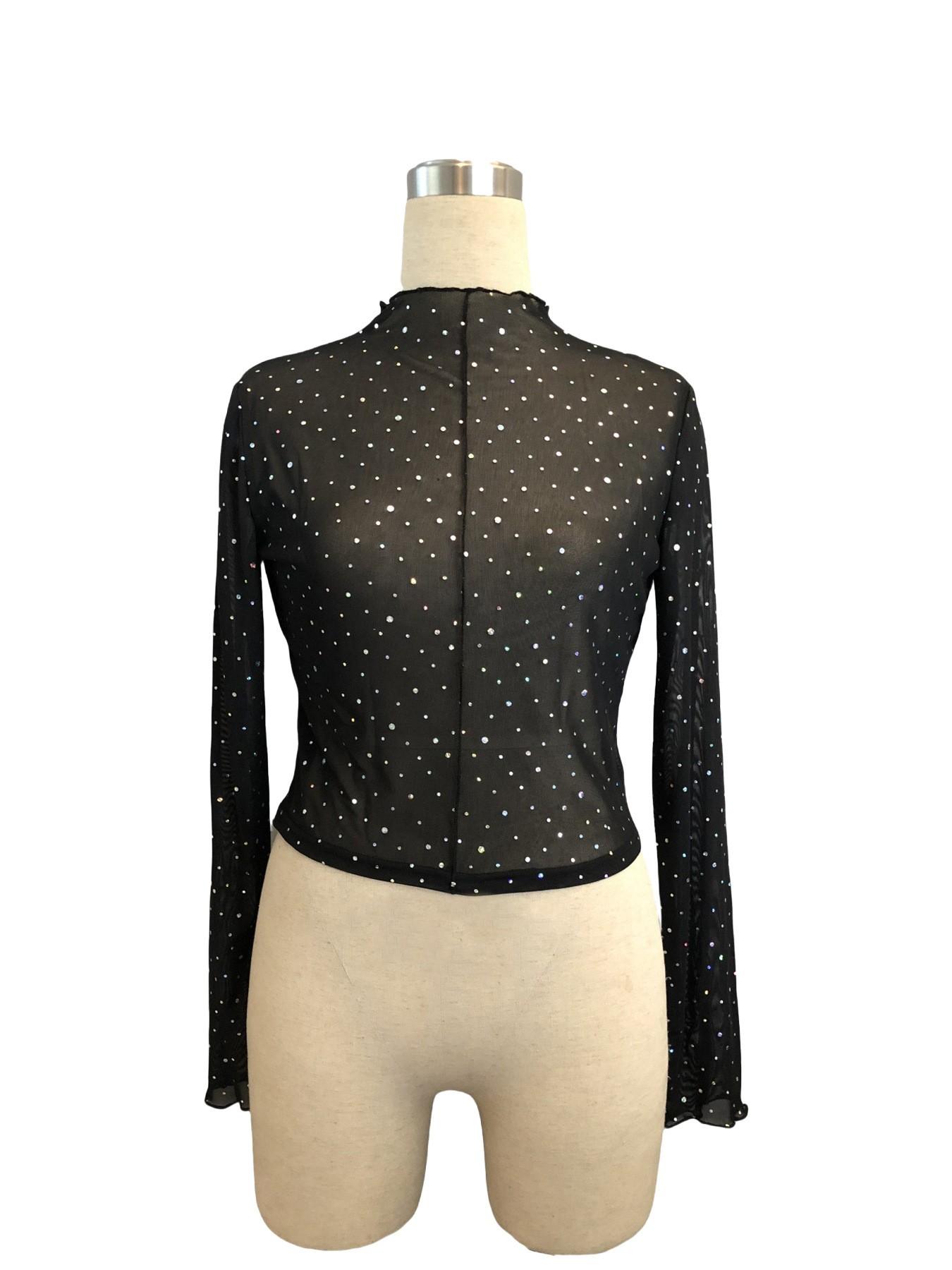Women's Spring Summer Stand Collar Mesh Transparent Sequin Long Sleeve T-Shirt, Slim Fit Y2K Style, Casual Butterfly Pattern Top