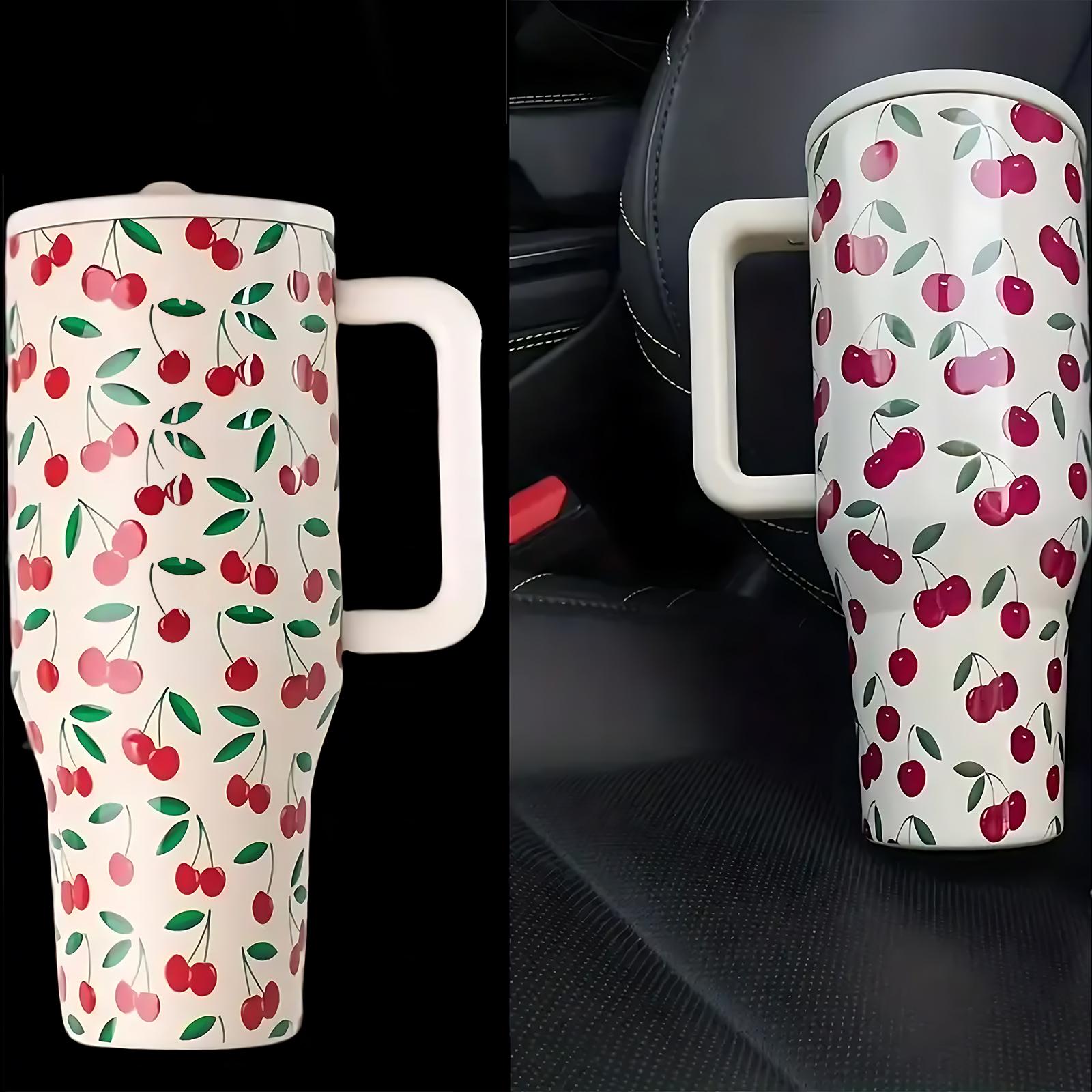 40oz Stainless Steel Reusable Vacuum Insulated Mug Tumbler with Cherry Design, Handle & Straw Lid, Keeps Drinks Hot Cold, Leak-Proof Portable Cup for Travel Office Home Use