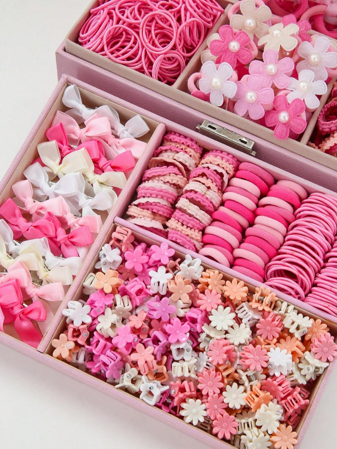 500pcs/Set Girls' Pink Bowknot Hair Clips, Cute Princess Hair Accessories, High Elastic Durable Non-Damaging Hair Ties, Hair Bands, Fluffy Rabbit Ear Hair Rings, Versatile Duck Clip Barrettes, Suitable For Daily Use