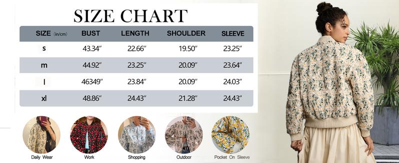 Molitree Women's Embroidered Daisy Cropped Bomber Jacket Long Sleeve Quilted Puffer Jackets Padded Coat Outerwear Casual Apricot