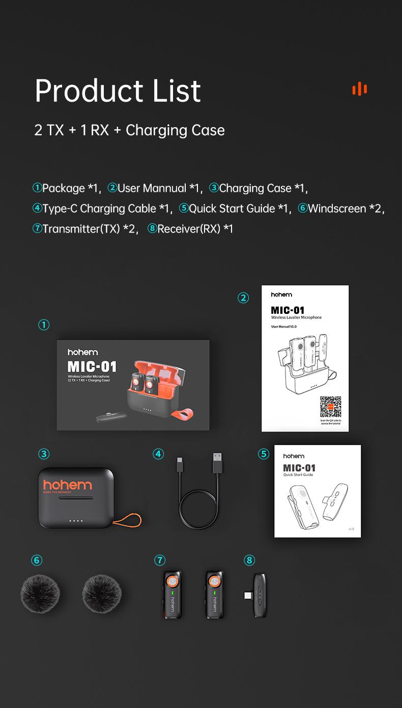 hohem MIC-01 Wireless Lavalier Microphone, DSP Noise Cancellation, 20-Hours Battery, Wireless Mircophone for Android, PC, Camera, Interview, Vlogs (2 TX + 1 RX + Charging Case),Perfect with hohem iSteady M6/ MT2/ Mobile+/Android/ Iphone 17 series