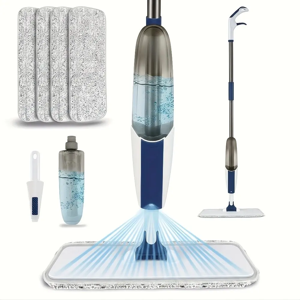 Household Water‑spraying Flat Mop Set, 1 Mop with 4 Replacement Mop Cloths, No Hand‑wash Design, Spray Water for Convenient Cleaning, Works for Wooden Floors, Ceramic Tiles and Various Hard Floors