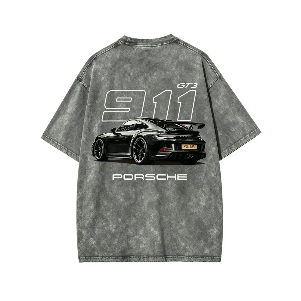 [BT] Racing Tshirt Unisex Fit Washed Cotton T-Shirt Oversize Menswear Tops  Streetwear Round Neck shirt,  Heavyweight Vintage Washed Grey Porsch 91 GT Graphic T-Shirt,Retro German Supercar Track Day Streetwear Tee Casual Graphic Top Shortsleeve