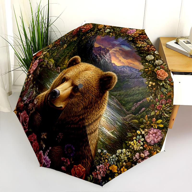 1 PC Automatic Folding Umbrella - Nature's Majesty: A Bear Amidst Flowers Pattern, Portable & Foldable Design with 8 Ribs, Merry Christmas Pattern,Casual Outdoor Accessory Halloween and Christmas Birthday Gifts. G0022
