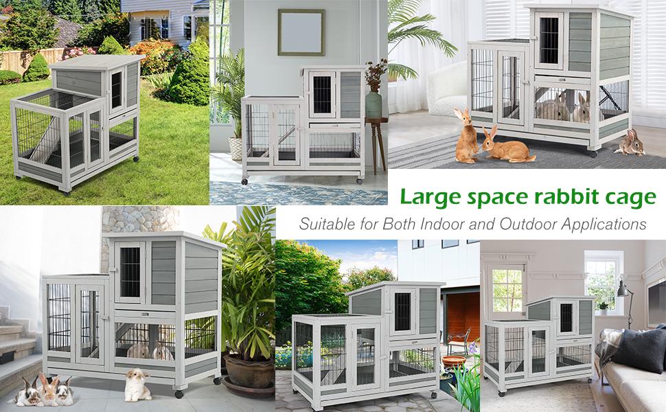 Indoor Rabbit Hutch with 2 Deeper No Leak Trays & 4 Casters, 37 Inch Rabbit Cage Pet House for Small Animals Outdoor Bunny Hutch with Run