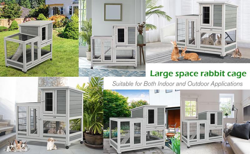Indoor Rabbit Hutch with 2 Deeper No Leak Trays & 4 Casters, 37 Inch Rabbit Cage Pet House for Small Animals Outdoor Bunny Hutch with Run