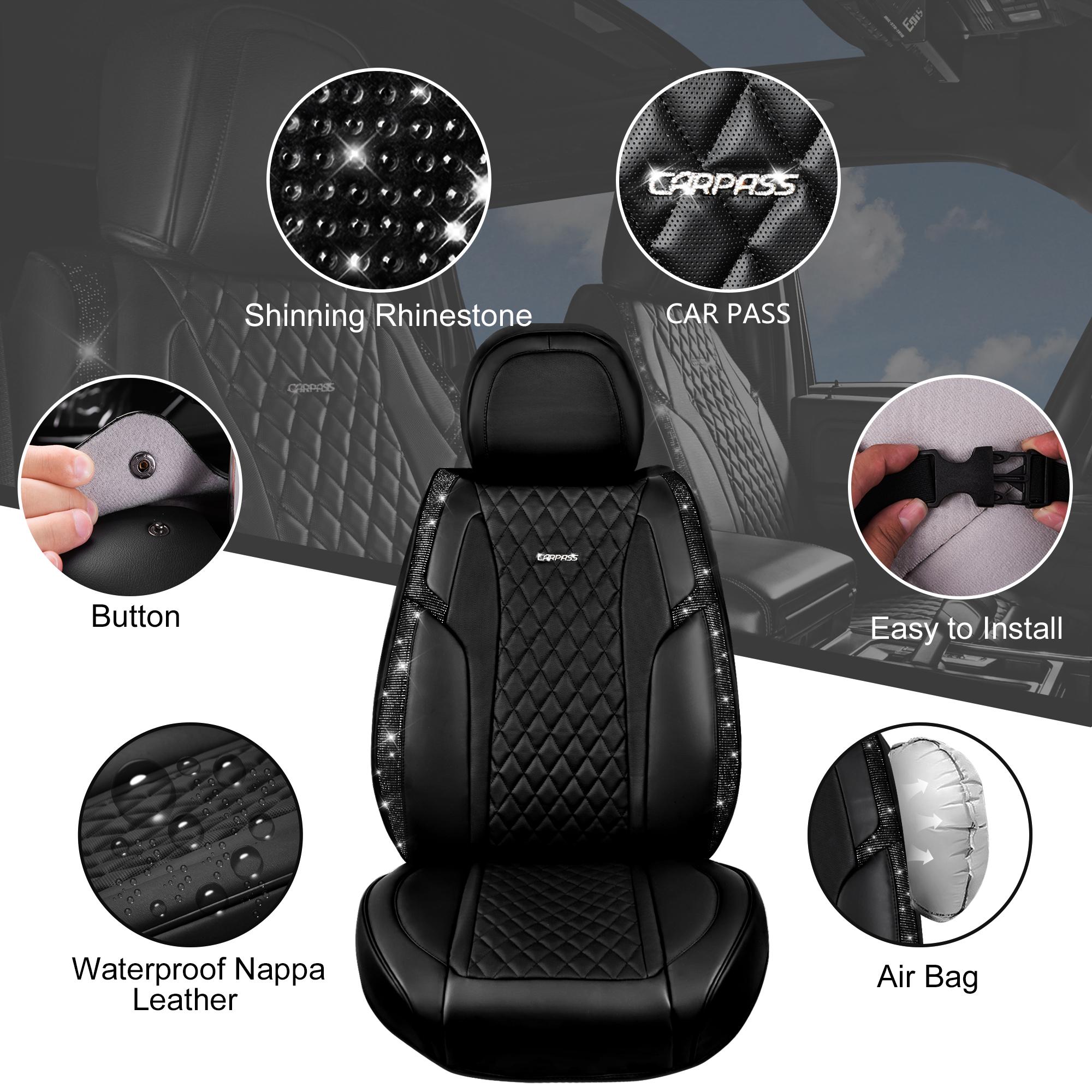 CAR PASS Bling Car Seat Covers, Microfiber Nappa Leather Luxury Cushioned, Waterproof Heavy-Duty Anti-Slip Universal Fit for Auto SUV Sedan, Sparkly Glitter Shining Rhinestone Full Set