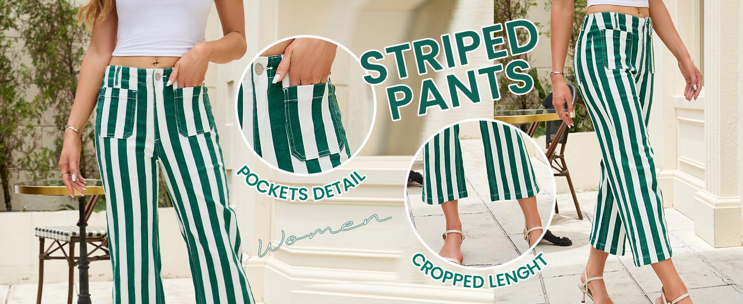 Aswulk Womens Cropped Striped Jeans Casual High Waisted Stretchy Straight Leg Denim Pants with Pockets